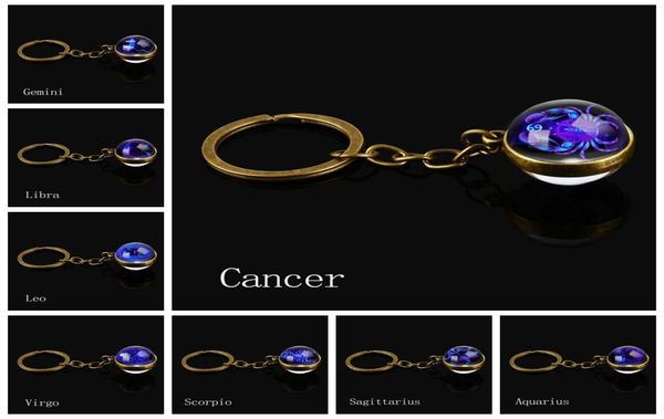 

12 constellation signs keychain aquarius pisces aries taurus gemini cancer leo libra scorpio double side glass ball keychain3002651, Slivery;golden