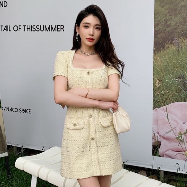 

auth s-elf portrait yellow short sleeve trapezoidal neck small fragrance dress high waist slim dress delivery belt, Black;gray