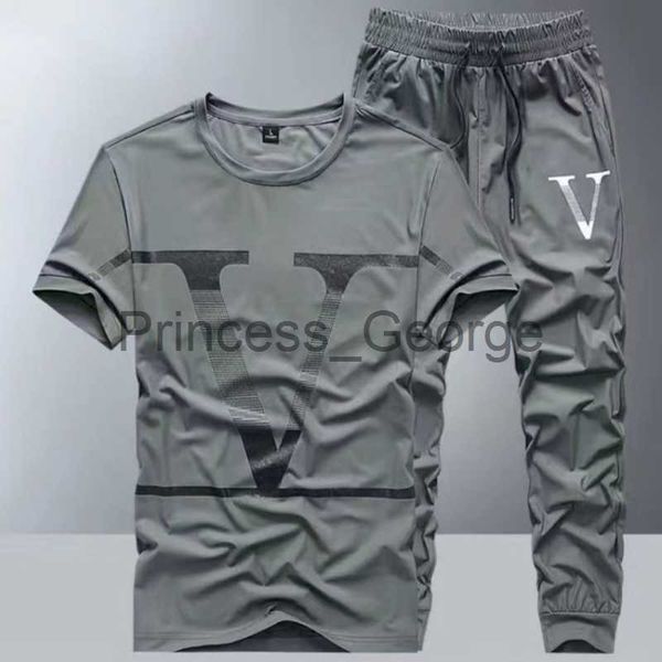 

men's tracksuits summer new ice silk suit male summer youth fashion brand short sleeve tshirt male loose pants casual sportswear male x, Gray