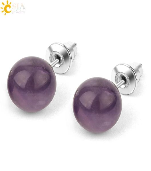 

csja 8mm natural stone stud earrings purple crystal pink quartz round ball beads silver color simple fashion ear jewelry for women4965731, Golden;silver