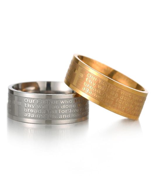 

english lords prayer script our father engraved stainless steel cross 8mm rings for men women religion belief communication rings9892017, Silver