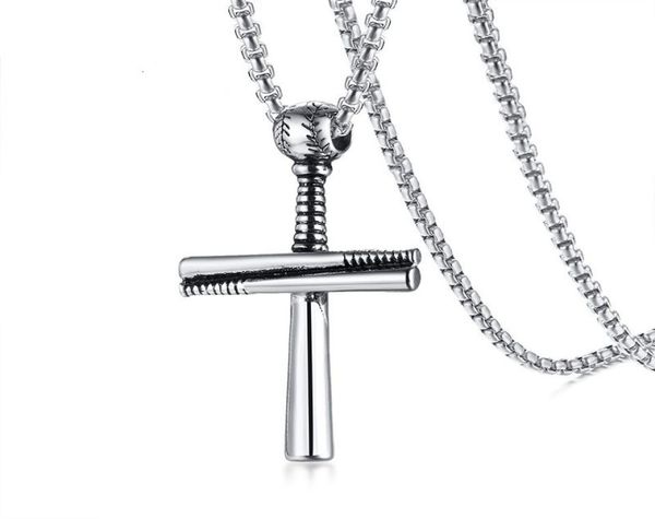 

hip hop baseball cross pendant necklace stainless steel ball bat chain men collares 24quot for guys sport jewelry pn10961052659, Silver