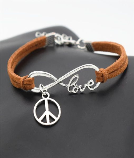 

new fashion causal antique silver peace symbols round cross charm pendant brown leather suede cuff bracelet for men women peace si7909599, Golden;silver