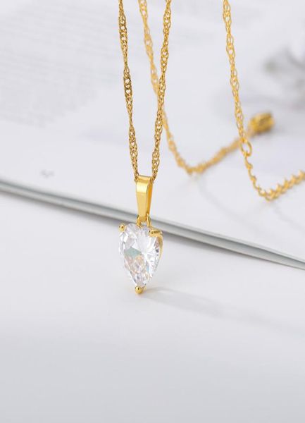 

fashion heart necklace for women couple lovers gold stainless steel chain chocker female pendant necklaces cute zircon jewlery2341691, Silver