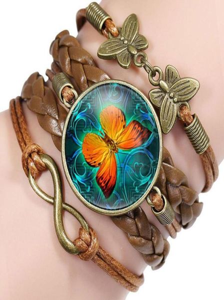 

vintage butterfly charm leather bracelets for women glass cabochon animal weaving rope wrap bangle fashion jewelry gift6042349, Golden;silver