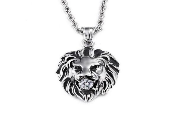 

hiphop viking lion necklaces stainless steel gold color punk animal lion head pendant necklace with cz zircon crystal for men wome8338507, Silver