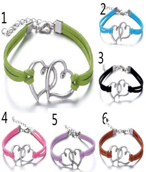 

mix 6colors fashion handmade silver double heart charm leather bracelet cross for lovers bracelet 60pcslot8464817, Golden;silver
