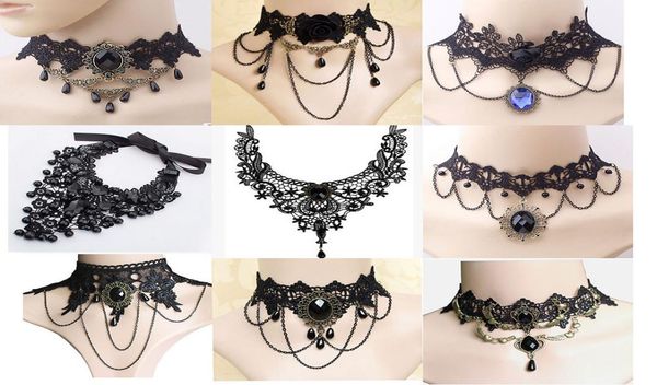 

vintage style lace necklace chokers for women female gothic wedding black red rose crystal diamond pendant collarbone necklaces wh1375864, Golden;silver