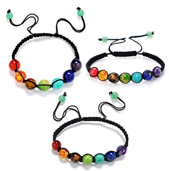 

beaded strands 7 chakra healing yoga reiki prayer bead stones balance beaded warp bracelet braided bangle adjustable jewelry for w4114352, Black