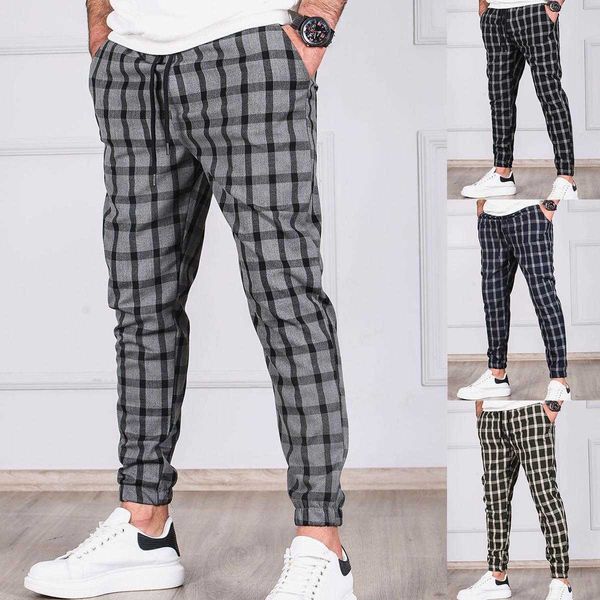 

streetwear plaid striped elastic waist trousers jogging pants casual jogger sweatpants, Black