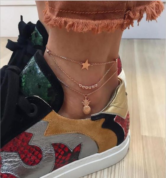 

anklet sets 3pcsset gold bead brand pineapple star pendant acrylic imitation diamond silver gold color plated metal chain4282565, Red;blue