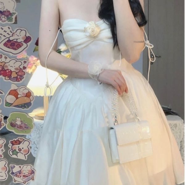 

summer fairy dres sweet elegant backless mini dresses chic korean strapless high waist party casual dress 220526, Black;gray