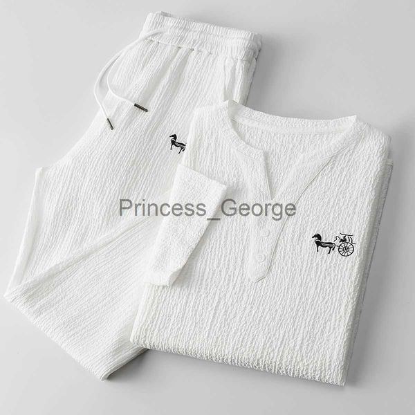 

men's tracksuits 2023 chinese style summer highend vneck embroidery suit light luxury thin mature ice silk men's twopiece suit men, Gray