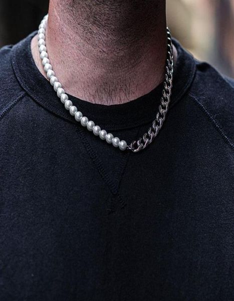 

plated half 10mm miami cuban link chain and half 8mm pearls choker necklace for men and women in stainless steel3423185, Golden;silver