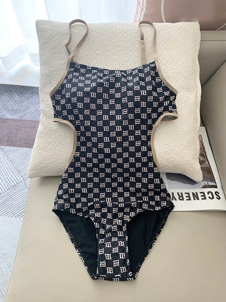 

fashionable designer women girls' one piece swimsuit  letter printed black swimsuit ins style vintage low-back swimwear beach wear -x, White;black