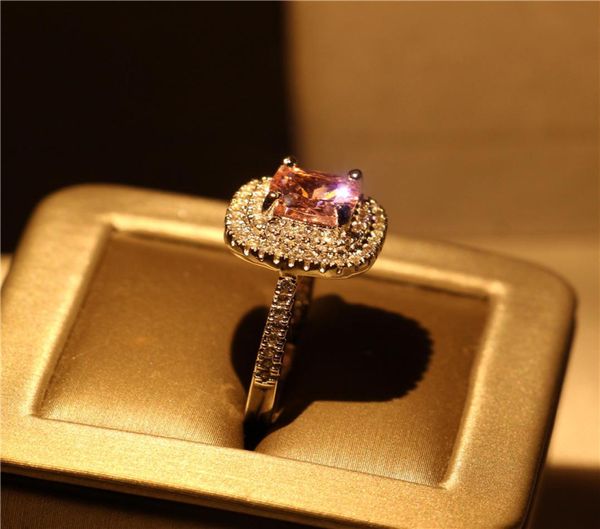 

women 925 silver plated ring pink sapphire cz diamond finger rings for bride wedding engagement jewelry party gift size 54687678, Slivery;golden
