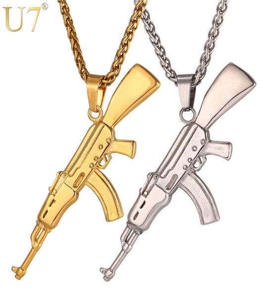 

u7 hip hop jewelry ak47 assault rifle pattern necklace gold color stainless steel cool fashion pendant chain for men p10468647367, Silver