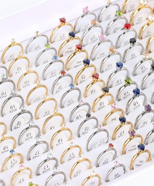 

20pcslot fashion stainless steel cluster rings jewelry wedding engagement for women cubic zirconia golden silver color mix style 5201963
