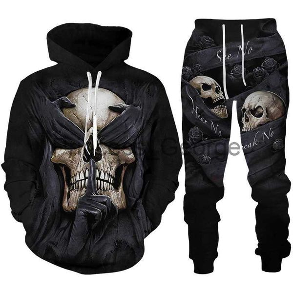 

men's tracksuits personality skull 3d print men's tracksuit set gothic punk hoodiezipper sweatshirtpantssuit cool halloween street, Gray