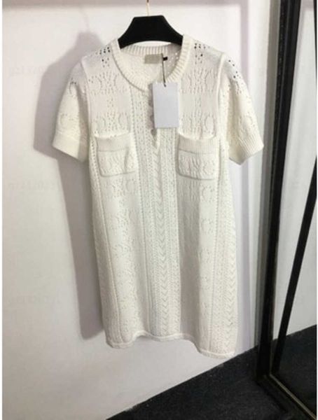 

white dresses for woman summer dress hollow logo wool knitted round neck short sleeve girls hanging-out dress designer clothing women 0607, Black;gray