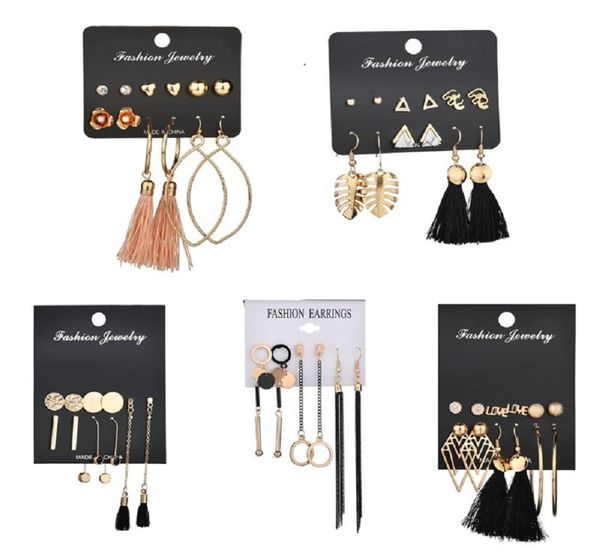 

5 design long tassel stud earrings set for women girl new bohemia flower heart earring fabric female fashion e3974795685, Golden