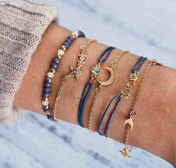 

6pcsset gold chain love star charm beads bracelet set moon star bracelet for women4753908, Black