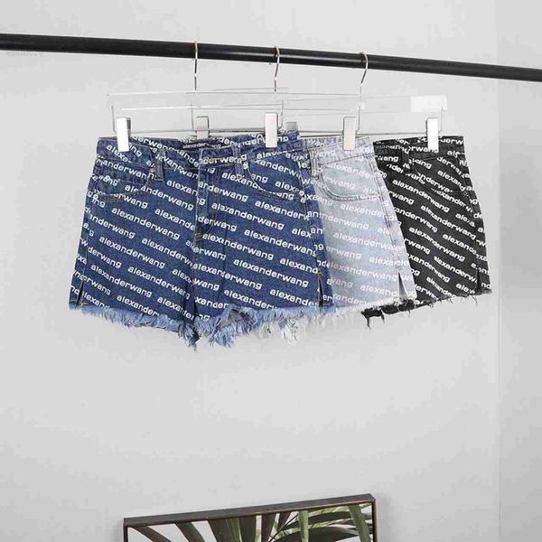 

aw dawangjia jeans shorts women's all over printed letter a pants washed old tassel wide leg pants, White;black
