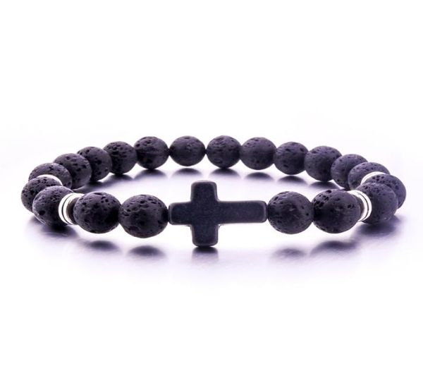 

fashion 8mm natural black lava stone beads cross bracelet diy volcano rock essential oil diffuser bracelet for wome3697323