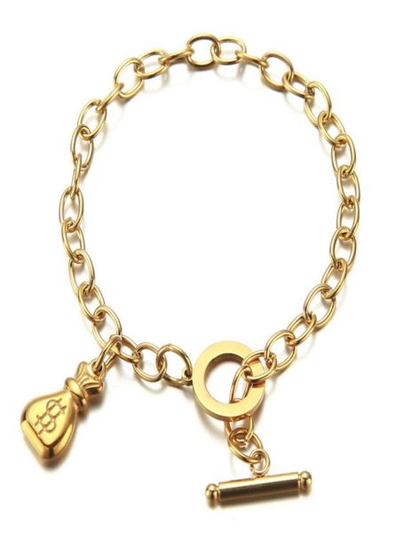 

new design gold silver color stainless steel bracelet money symbol bag charms bracelet for woman men charms ot buckle bracelet new9997156, Black