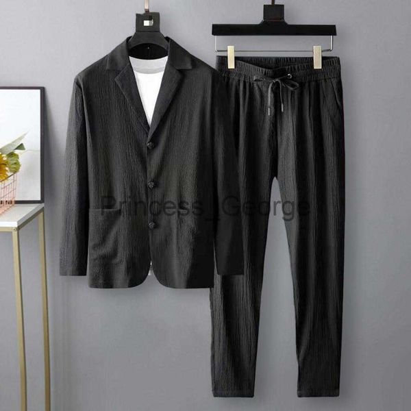 

men's tracksuits spring summer men blazer pants long sleeve stripe pleats jacket drawstring pants casual suit korean slim twopiece set, Gray