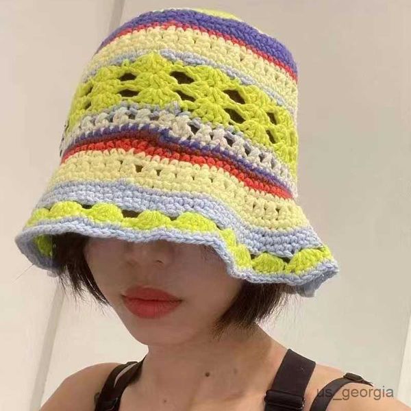 

caps striped bucket hat spring and summer handmade cotton thread woven basin cap hollow women's hats r230627, Blue;gray