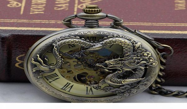 

vintage bronze chinese style dragon design mechanical pocket watch with necklace with fob chain pjx13292513783, Slivery;golden