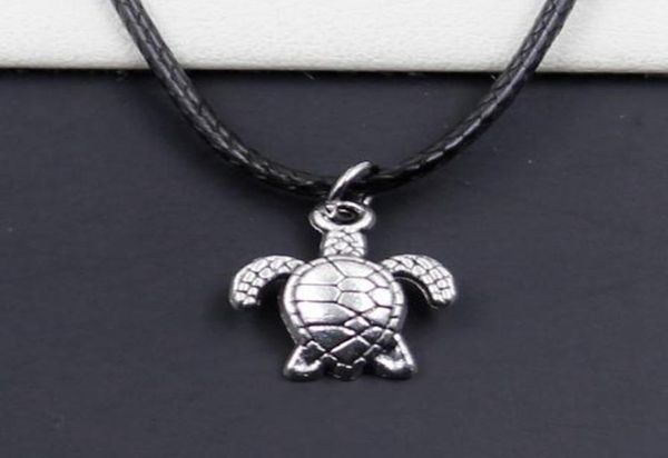 

ship 20pcslot antique silver turtle tortoise sea choker charms black leather necklace diy7692622