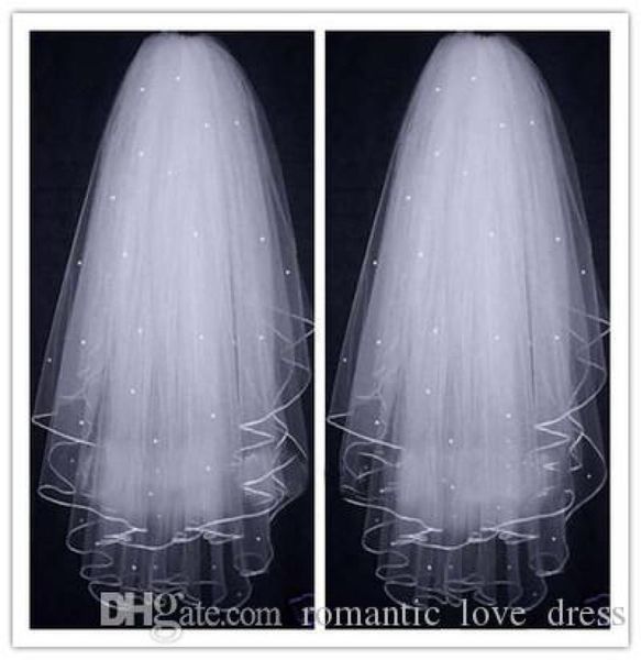 

white ivory 3 layers short wedding veils with perals matched comb ribbon edge tulle 2019 selling new bridal accessories 5517651, Black