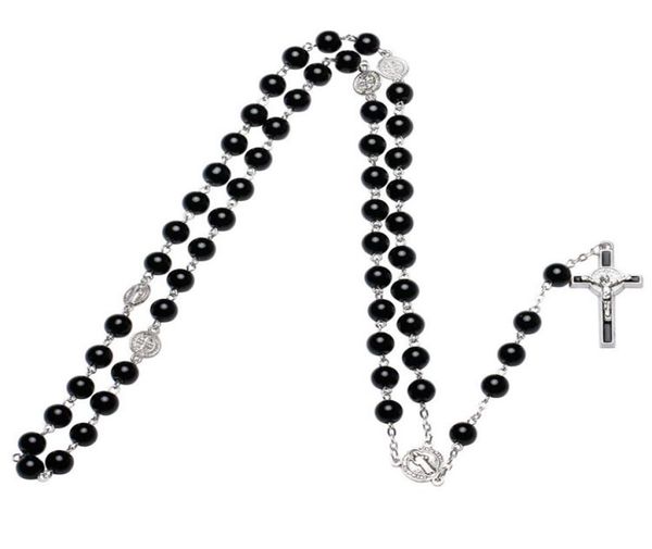 

black glass pearl catholic rosary necklace metal cross long necklace7191789, Silver