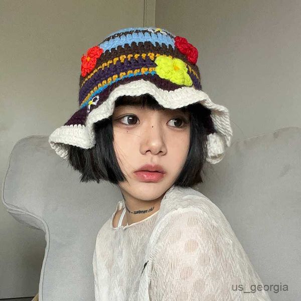 

caps retro flower knitted bucket hat women handmade crochet hollow basin hat ladies autumn and winter sunscreen sun hat gift r230627, Blue;gray