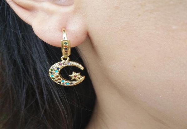 

pretty star and moon earring charm cz two piece huggie earring jewelry fashion pendientes estrella rainbow hoop earing gold7329410, Golden;silver