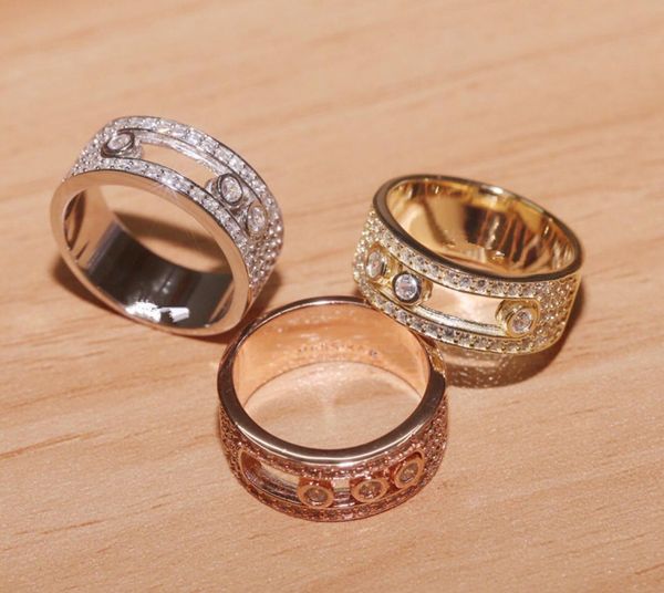 

fashion women ring 3 stone can be move ring s925 sterling silver cubic zirconia crystal slide moving ring mother day gift2904139, Golden;silver