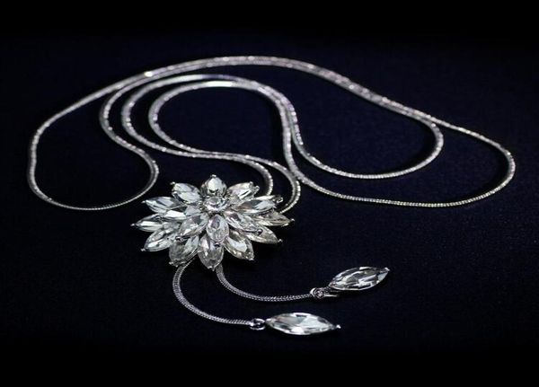 

zircon snowflake long necklace sweater chain fashion fine metal chain crystal rhinestone flower pendant necklaces adjusted ps08406275104, Silver