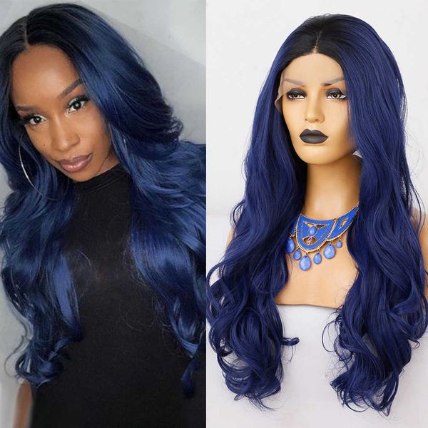 

blue synthetic lace wigs for black women lace frontal wig 13x4 body wave wigs natural hairline cosplay wig used 230524, Black;brown