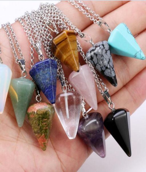 

natural gemstone pendant necklace crystal healing chakra reiki silver stone hexagonal prisme cone pendulum charm necklaces3425676, Red;brown