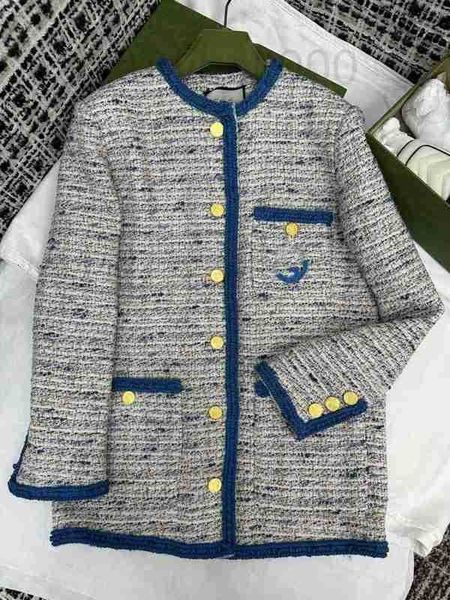 

women's jackets designer 23 autumn new celebrity style elegant blue grey mixed color interlocking logo embroidered gold button tweed co, Black;brown