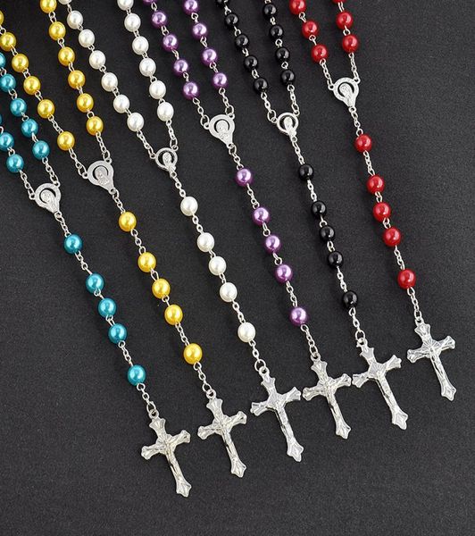 

multi colors rosary cross necklace catholic religious jewelry imitation pearl beads pendants necklace whole drop 6049239, Silver