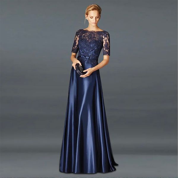 

elegant navy blue mother of the bride dresses a line satin half sleeves appliques long groom godmother evening dresses for wedding party ves, Black;red