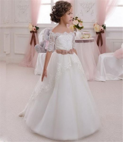 

new flower girl dress for wedding white ivory appliques ball gown short sleeves oneck first communion gowns vestidos longo4475003, White;blue