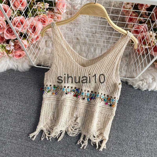 

women's t-shirt hollow crochet flowers crop v neck knitted camis for women off shoulder omighty slim fit camis 2021 fashion j230627, White