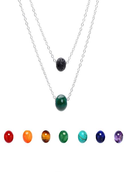 

new 8mm lava rock and 10mm 7 color chakra stone pendant multilayered necklaces silver stainless steel chain for women fashion jew5300320