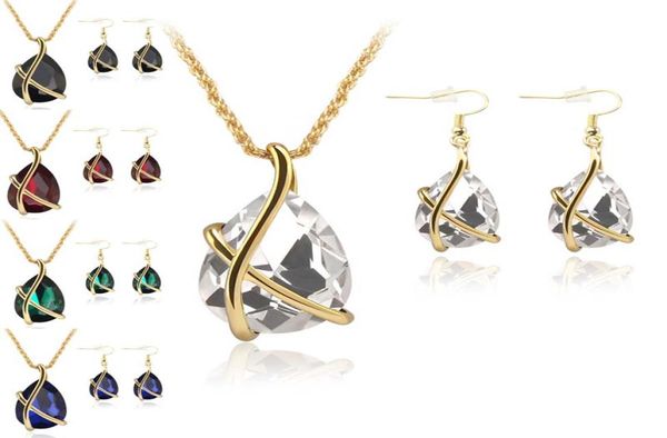 

diamond crystal water drop necklace earrings jewelry set gold ear cuff dangle pendant chains wedding jewelry gift for women fashio5014131, Silver