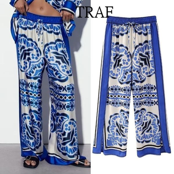 

womens pants capris traf print women pant summer fashion loose wide leg female clothing elastic waist streetwear trousers split hem 230627, Black;white