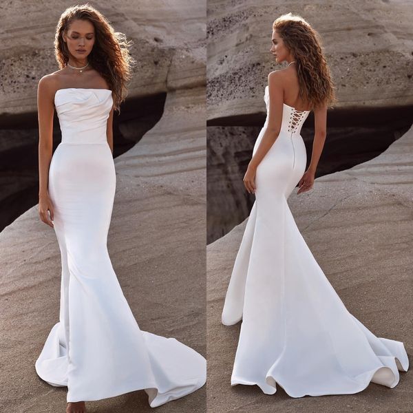 

milla nova mermaid wedding dresses strapless satin wedding dress sweep train lace up back wedding bridal gowns, White